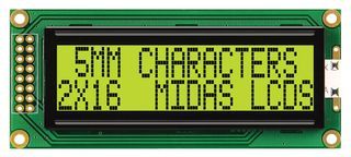 MIDAS   MC21605B6WD-SPTLY   Alphanumeric LCD, 16 x 2, Black on Yellow / Green, 5 V, Parallel, English / Japanese, Transflective