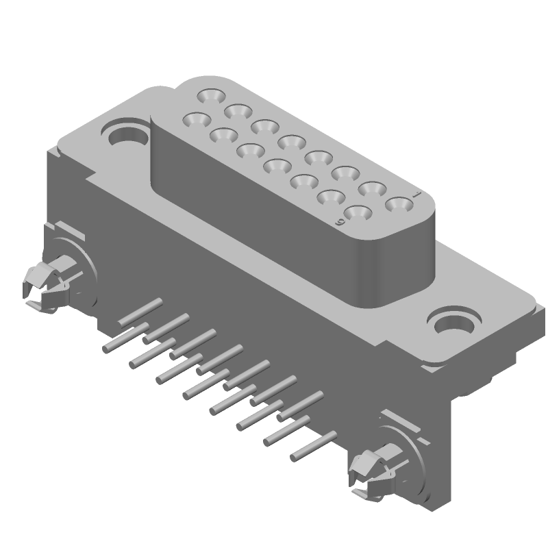 15 Pos Female D-Sub Connector, Right Angle, Gold/Tin Plated