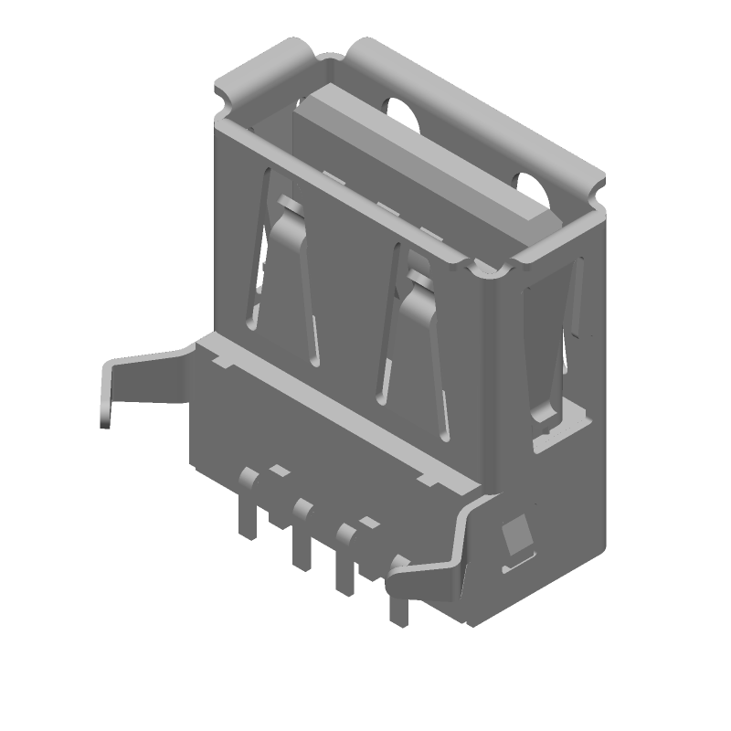 USB 2.0 Type A Receptacle, 4 Pos, RA, Shielded, SMT/TH