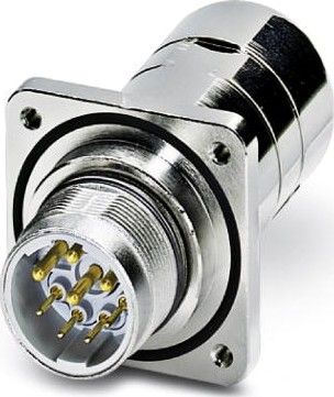 Rear panel feed-through, straight long, Screw locking, M23, number of positions: 5+PE, type of contact: Pin, Crimp connection, Axial O-ring, 4xM3, shielded: Yes