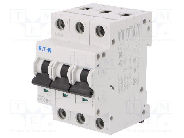 EATON MOELLER FAZ-C16/3 Thermal Magnetic Circuit Breaker, 415 VAC, 48 VDC, 16 A, 3 Pole, DIN Rail