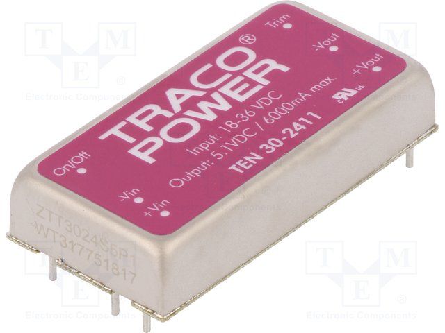 30W DC-DC Converter, 18-36V In, 5.1V/6A Out, Isolated, 1.5kV