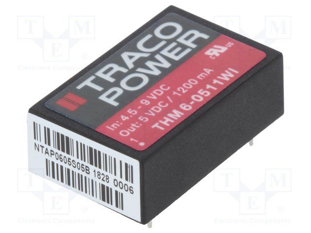 TRACOPOWER   THM 6-0511WI   Isolated Board Mount DC/DC Converter, Regulated, DIP, Fixed, Through Hole, 6 W, 5 V, 1.2 A