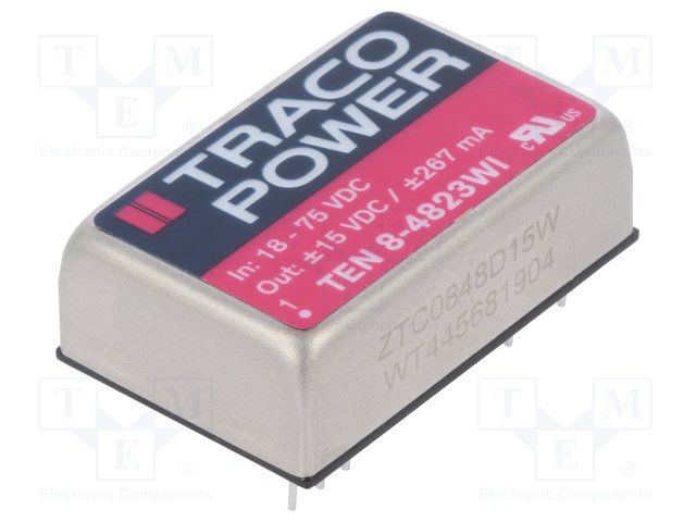 8W DC/DC Converter, 18-75VDC In, 15V/(-15V) Out, 2x267mA, Isolated