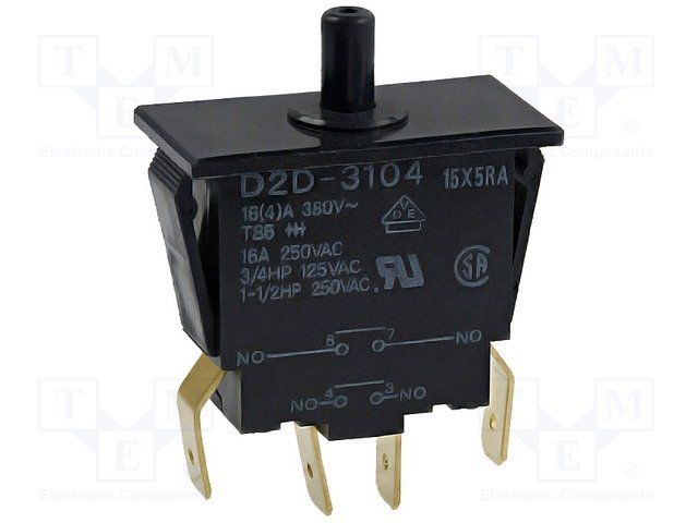 OMRON ELECTRONIC COMPONENTS         D2D3104             Microswitch, DPDT-NO, Quick Connect, Solder, 16 A, 250 VAC