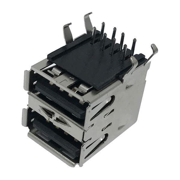 USB Receptacle, 2-Port, 8 Pos, Right Angle, Shielded, Solder