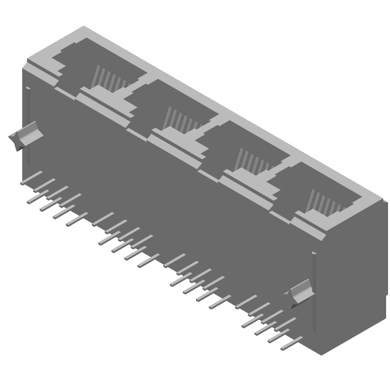 4 Port RJ45 Modular Connector, 8 Pos, Right Angle, Gold Plated