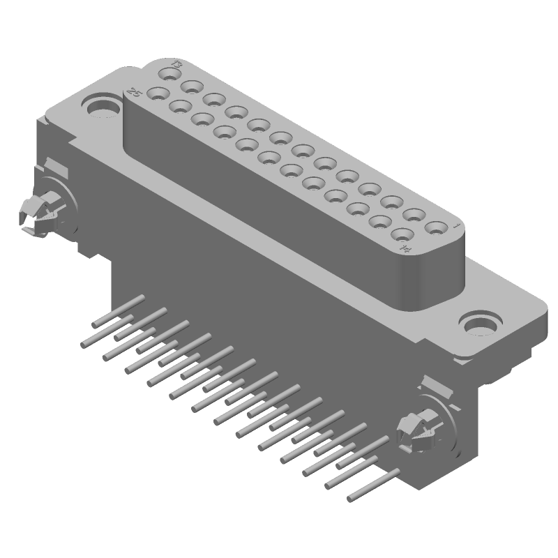 25 Pos Female D-Sub RA Connector, Gold/Tin Plated, Solder, Metal Shell