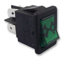 Rocker Switch, DPST, Illum Green