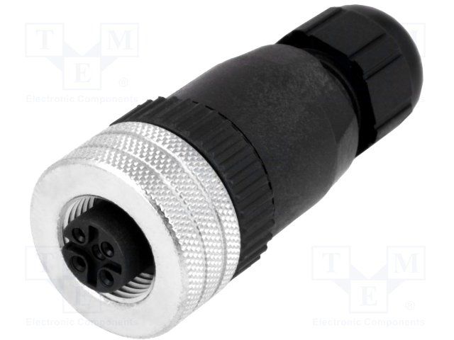 M12 Female Circular Connector, 4 Pos, Straight, Screw, IP67, 4A, 250V