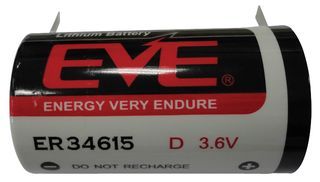 EVE         ER34615T             Battery, Lithium Thionyl Chloride, 19 Ah, 3.6 V, D, Solder Tab, 33.1 mm
