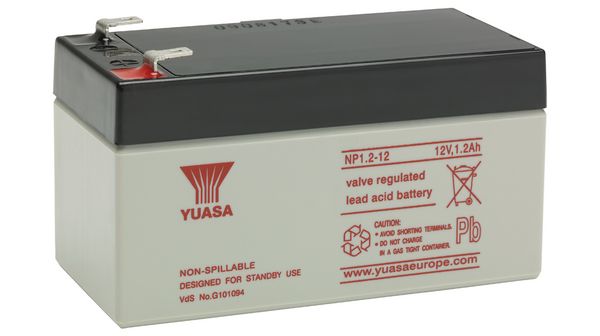 YUASA         NP1.2-12             Rechargeable Battery, NP Series, Valve Regulated, Single Cell, Lead Acid, 1.2 Ah, 12 V