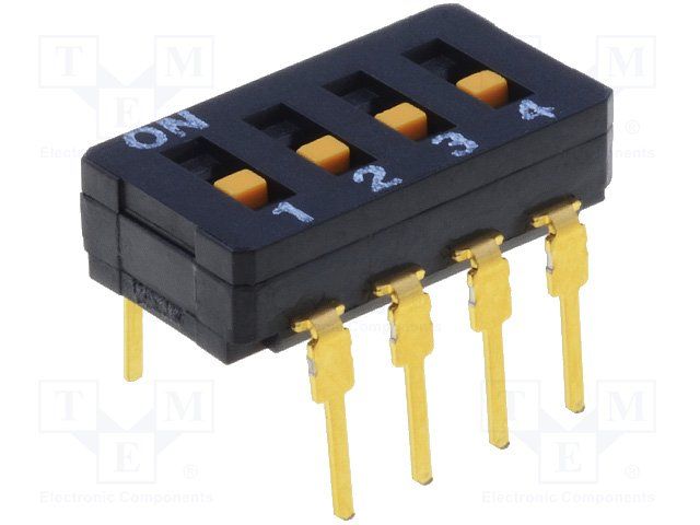 4 Circuit SPST Slide DIP Switch, 30VDC, 100mA, Through Hole