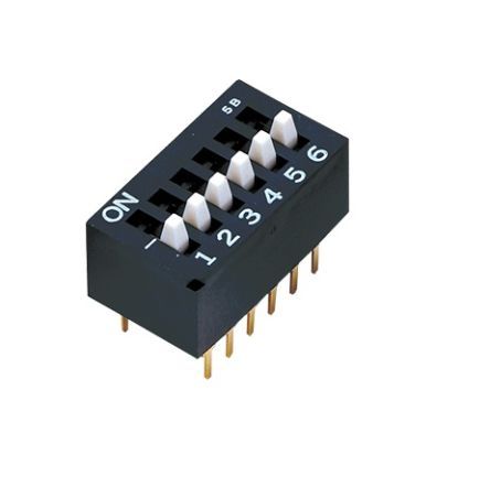 6PST Slide Switch, 0.1A 24VDC, Thru-Hole PC Pin, Gold Contacts