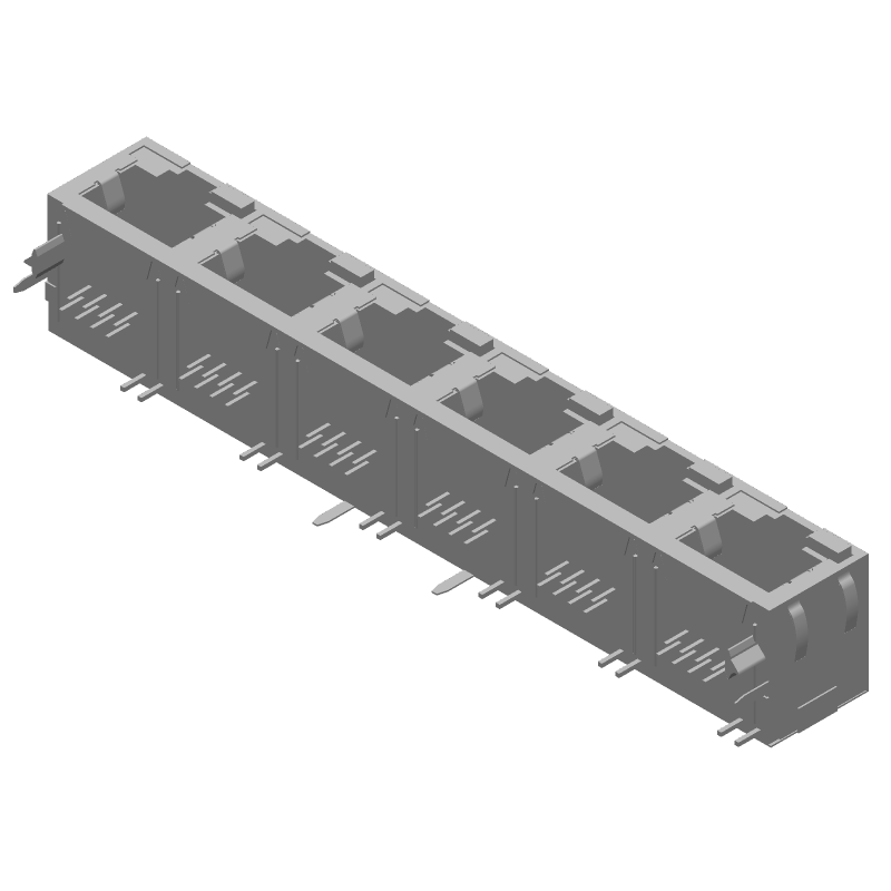 RJ11 Connector, 6 Port, 48 Pos, Shielded, Solder, RA, Thru-Hole