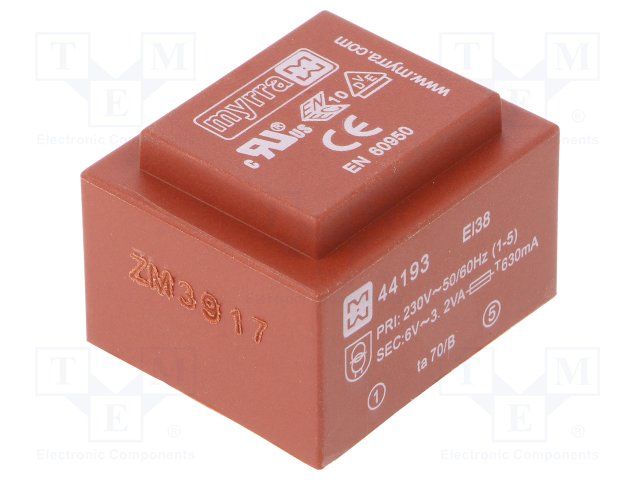MYRRA   44193   Isolation Transformer, EI 38 x 13.6, 3.2 VA, 1 x 230V, 6V, 533 mA