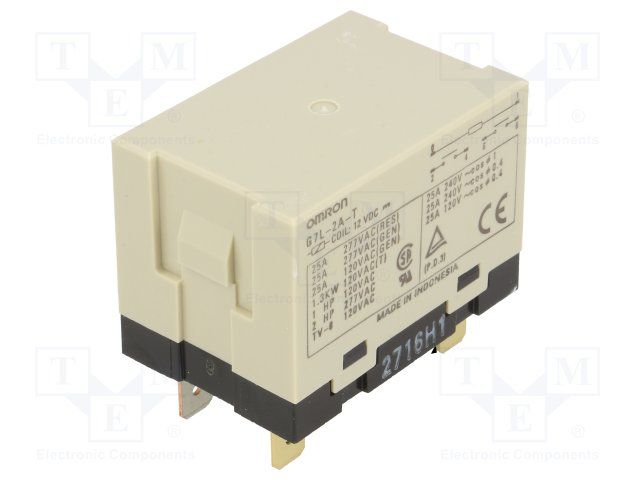 OMRON ELECTRONIC COMPONENTS         G7L-2A-T 12VDC             Power Relay, G7L Series, DPST-NO, 12 VDC, 25 A, Panel, Non Latching