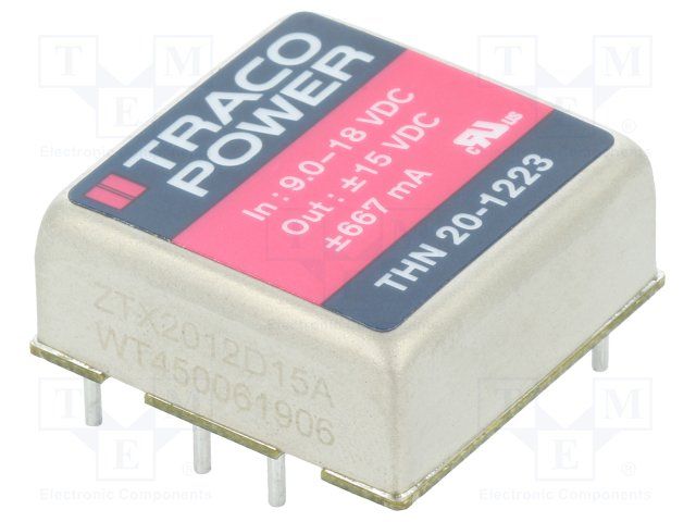 20W DC/DC Converter, 2x15V, 667mA, 1.5kV Isolation, TH