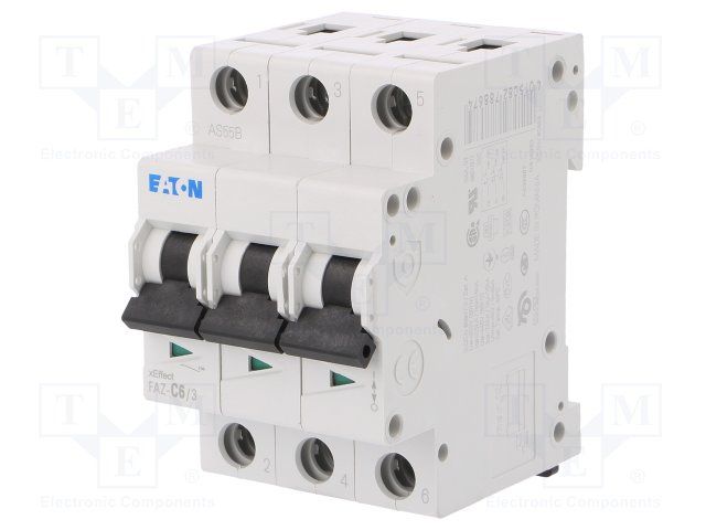EATON MOELLER FAZ-C6/3 Thermal Magnetic Circuit Breaker, 415 VAC, 48 VDC, 6 A, 3 Pole, DIN Rail