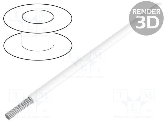 24AWG Hook-Up Wire, 1kV, PTFE, Silver Copper, 19 Strands, White