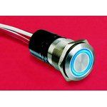 Illuminated Pushbutton Switch, Blue LED, 50mA, 24V, SPST, Wire Leads