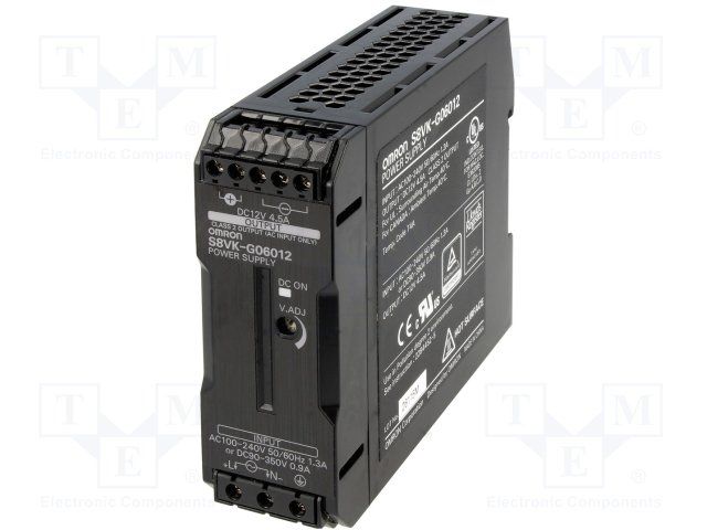60W 12VDC Enclosed AC/DC Power Supply, 4.5A, 85% Eff, DIN Rail