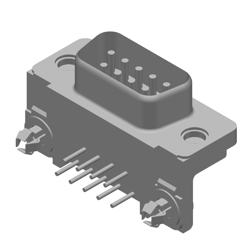 HD-20 D-Sub Connector, 9 Pos, Male, RA, Solder, Gold/Tin