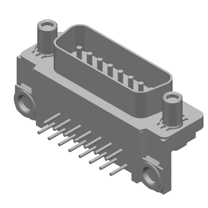 15 Pos Male D-Sub RA Connector, Gold/Tin, Solder, 125V