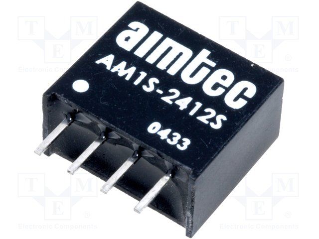 DC/DC Converter; Product Weight (grams): 1.5; Input voltage min (V): 21.6; Input voltage max (V): 26.4; Output voltage min: 12; Output voltage max: 12; Output voltage dual assymetric (y/n): Single; Output Power (W): 1; Max Output current (A): 0.1; Efficiency (%): 80; Max Capacitive load (µF): 220; Package type: SIP4; Mounting: PCB; W (in): 0.24; L (in): 0.46; H (in): 0.4; W (mm): 6; L (mm): 11.68; H (mm): 9.7; Min Operating temperature: -40; Max operating temperature (°C): 85; Isolation (VDC): 1000; EMC compliance 2: EN 55032 Class B; Case material: Plastic (flammability to UL 94V-0) ; Application 4 (building automation/IoT): 1; MTBF (h): 1121000; Derating : 85; Voltage Accuracy (%): ±3; Line Regulation (% of Vin): ±1.2% per 1% Vin Change; Load Regulation %: ±10; Ripple & Noise (mV p-p): 100; Switching Frequency typ (KHz): Variable 80; Short circuit protection: Momentary