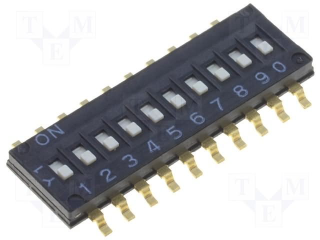10 Pos SPST Slide DIP Switch, 1.27mm Pitch, 24VDC, 25mA