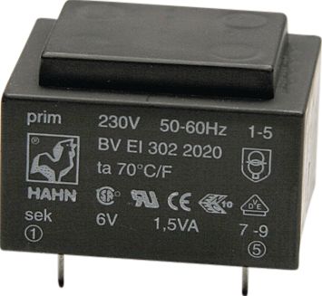 PCB transformer 2.3 VA 9 VAC  (1x), EI305 2879, Hahn