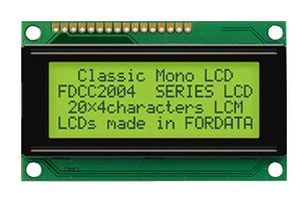FORDATA         FDCC2004C-RNNYBW-16LE             Alphanumeric LCD, 20 x 4, Black on Yellow / Green, 3V, Parallel, English, Japanese, Reflective
