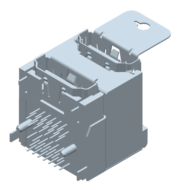 Stacked HDMI Receptacle, 2-Port, 38 Pos, Right Angle, Shielded, Signal