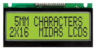 MIDAS   MC21605F6WE-SPR   Alphanumeric LCD, 16 x 2, Black on Yellow / Green, 5 V, Parallel, English / Japanese, Reflective
