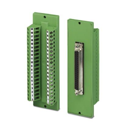 The VARIOFACE feed-through module implements a 1:1 connection between screw connection terminal blocks and a D-SUB miniature socket strip (number of positions: 37). A separate ground tap is available.