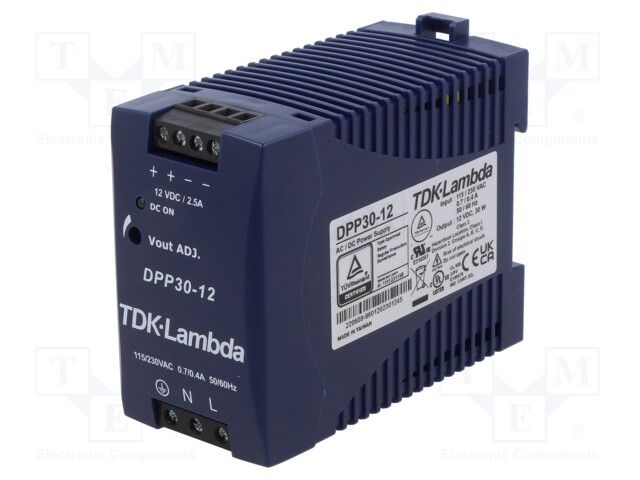 12V 2.5A 30W AC/DC Power Supply, DIN Rail Mount