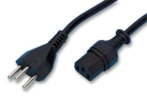 Mains Power Cord, Mains Plug, Switzerland to IEC 60320 C13, 2.5 m, Black
