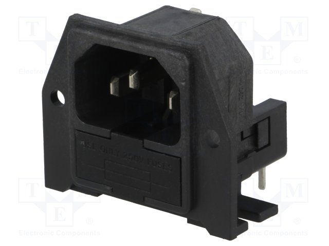 Mains Power Connector, 10A 250V, Male, 3 Pos, Solder, Right Angle