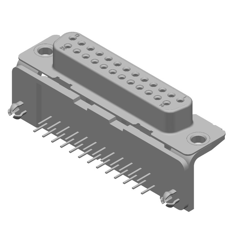25 Pos D-Sub Connector, Female, Right Angle, Through Hole, Gold/Tin Plated