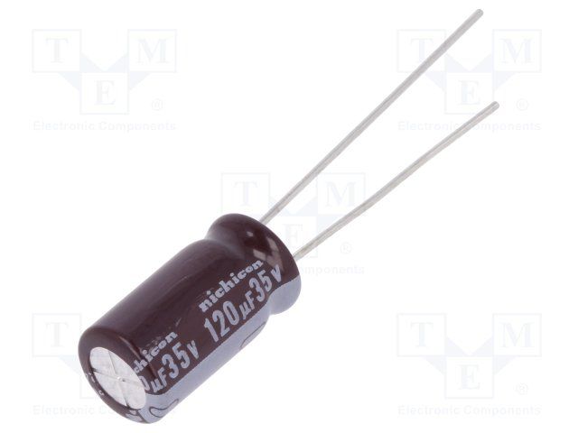 120uF 35V Aluminum Electrolytic Capacitor, Radial, 105C, 370mA