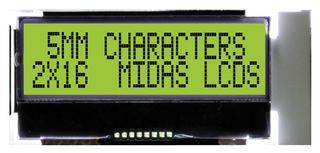 MIDAS   MCCOG21605B6W-SPTLYI   Alphanumeric LCD, 16 x 2, Black on Yellow / Green, 3 V to 5 V, I2C, English / Japanese