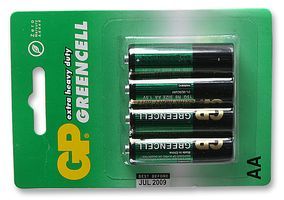 GP BATTERIES         GP15G-U4             Battery, Greencell, Pack of 4, Zinc Chloride, 1.5 V, AA, Raised Positive and Flat Negative, 14.5 mm