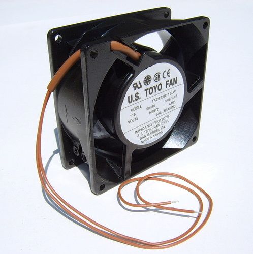 AC Axial Ball Bearing Fan, Airflow: 45 CFM, Acoustical Noise: 34 dB (A), 230 Volts, 13 Watts, mAMPS: 120, RPM: 3000;...
