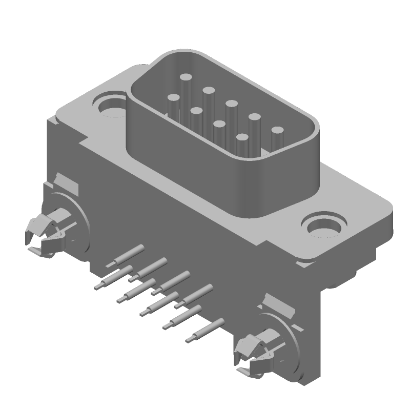 9 Pos D-Sub Connector, Male, RA, Solder, Gold/Tin, 125V