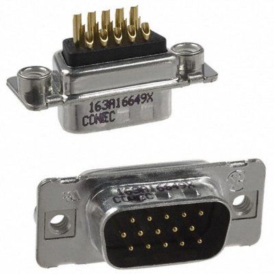 15 Pos Male D-Sub Connector, Straight, Solder, Gold Contacts