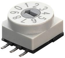 Rotary Coded Switch, 16 Positions, Binary Coded Hexadecimal, Latched, 0.4A, 24VDC, Solder Terminal, Cross Shaped Slot Actuator, Through Hole-right Angle