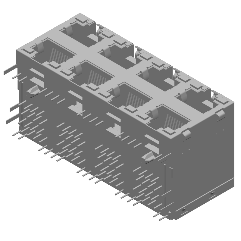 RJ45 Connector, 8 Port, 64 Pos, RA Solder, Shielded, Gold Plated