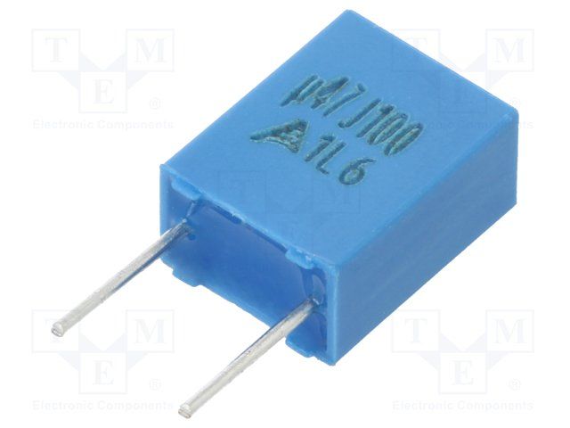 CAPACITOR, METALLIZED FILM, POLYESTER, 100 V, 0.47 uF, THROUGH HOLE MOUNT, RADIAL LEADED, LEAD FREE