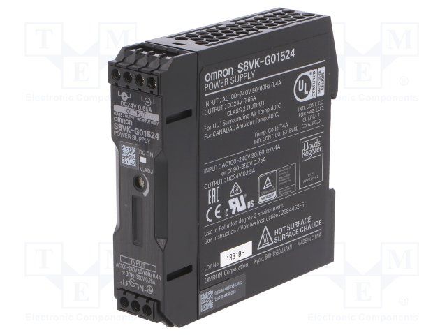 24V 15W AC/DC Power Supply, 0.65A, DIN Rail Mount