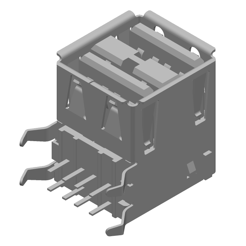 USB 2.0 Type A Receptacle, 2 Port, 8 Pos, RA Thru-Hole